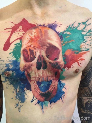 Colorful Skull Tattoo On Chest