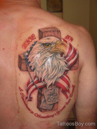 Cross And Eagle Head Tattoo On Back