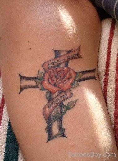 Cross And Rose Flower Tattoo