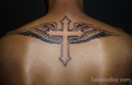 Cross And Wings Tattoo On Back