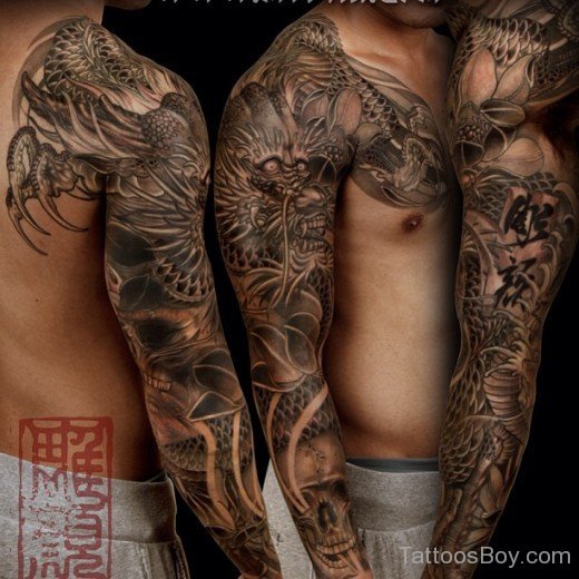 Dragon And Skull Tattoo On Full Sleeve