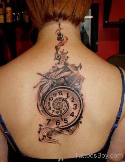 Dragonfly And Clock Tattoo On Back