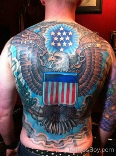 Eagle And USA Flag Tattoo On Back-