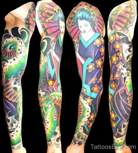 Geisha Tattoo On Full Sleeve