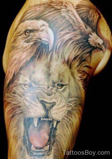 Lion And Eagle Tattoo On Shoulder