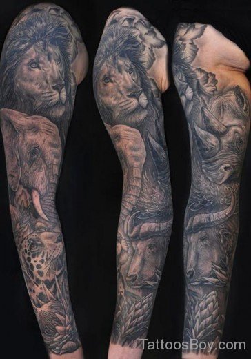 Lion And Elephant Tattoo On Full Sleeve