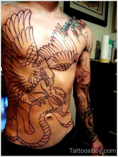 Outline Eagle And Snake Tattoo On Chest