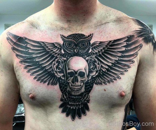 Owl And Skull Tattoo On Chest