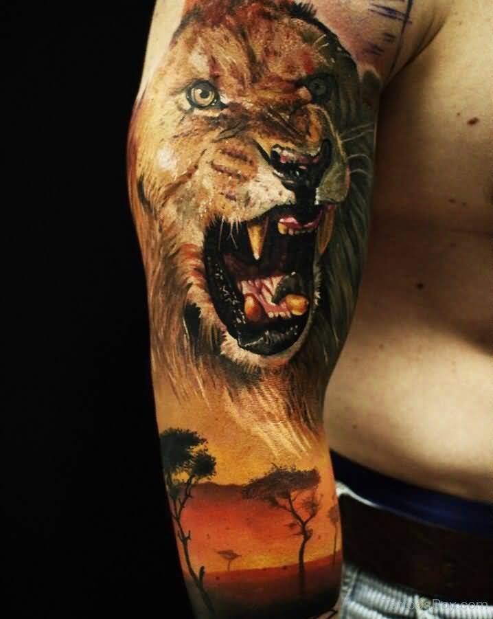 Realistic- African Lion Tattoo On Full Sleeve