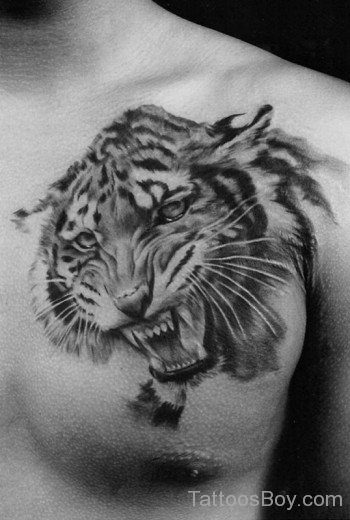 Roaring Tiger Tattoo On Chest