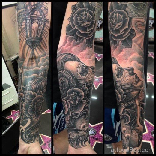 Rose And Flower Tattoo On Full Sleeve