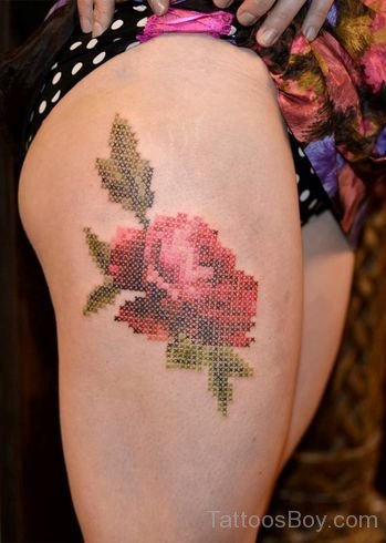 Rose Cross Stitch Tattoo Design On Thigh