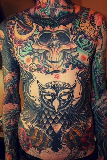 Skull And Owl Tattoo On Chest