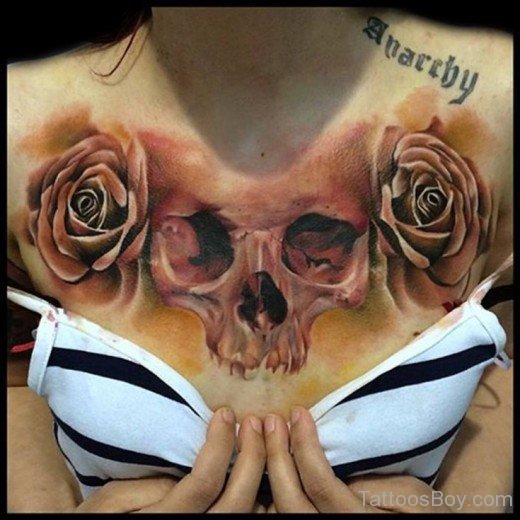 Skull And Rose Tattoo On Chest