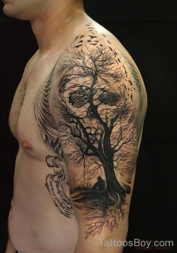 Skull And Tree Tattoo On Shoulder