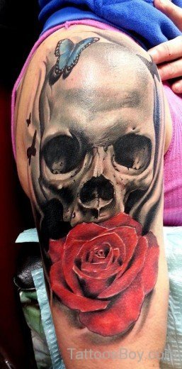 SkullAnd Rose Tattoo On Shoulder