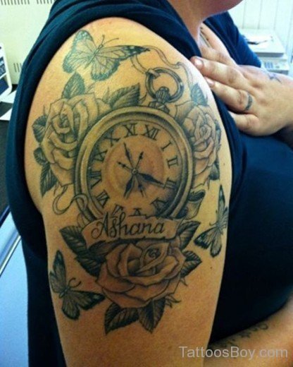 Amazing Clock Tattoo On Shoulder-Tb12001