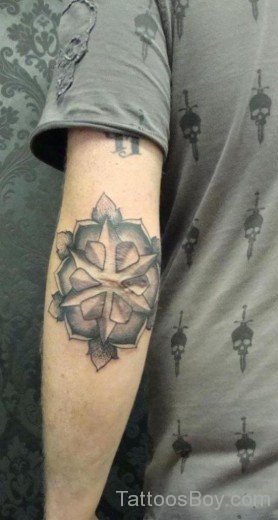 Amazing Grey Mandala Flower Tattoo On Elbow-TB1402