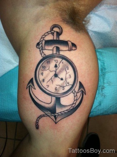 Anchor And Clock Tattoo On Bicep-Tb12003