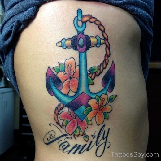 Anchor And Flower Tattoo On Rib-TB12001