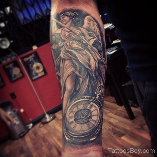Angel And Clock Tattoo On Arm-Tb12004