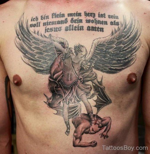 Angel And Wrding Tattoo On Chest
