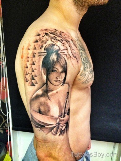 Asian Girl Tattoo On Half Sleeve-TB1225