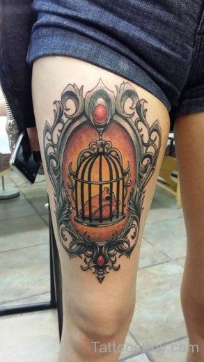 Awesome Cage Tattoo On Thigh-TB12005