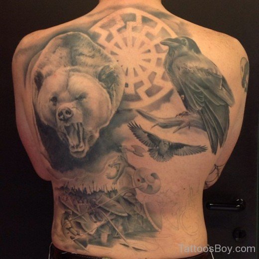 Bear And Crow Tattoo On Back-TB1016