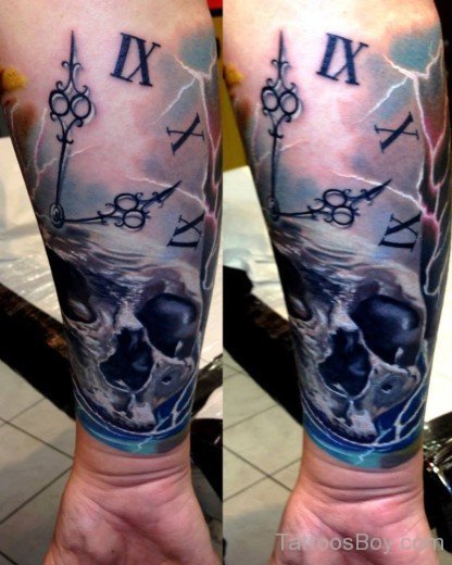 Beautiful Skull And Clock Tattoo On Wrist-TB12019