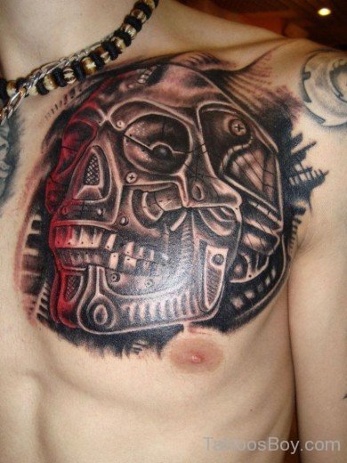 Biomechanical And Skull Tattoo On chest-Tb1212