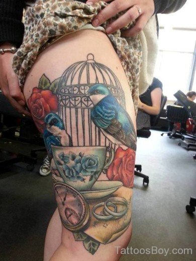 Bird And Cage Tattoo On Thigh 53-TB12017