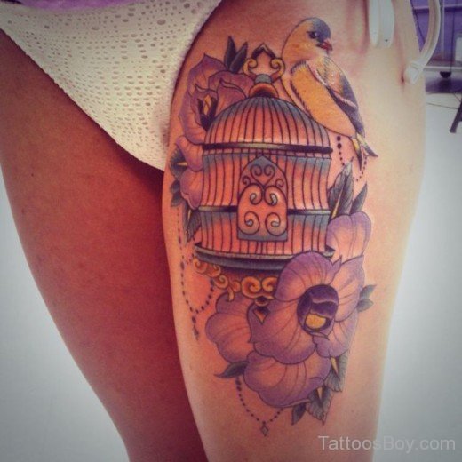 Bird And Cage Tattoo On Thigh-TB12018
