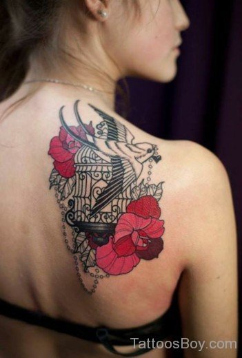 Bird Cage And Flower Tattoo On Back-TB12020