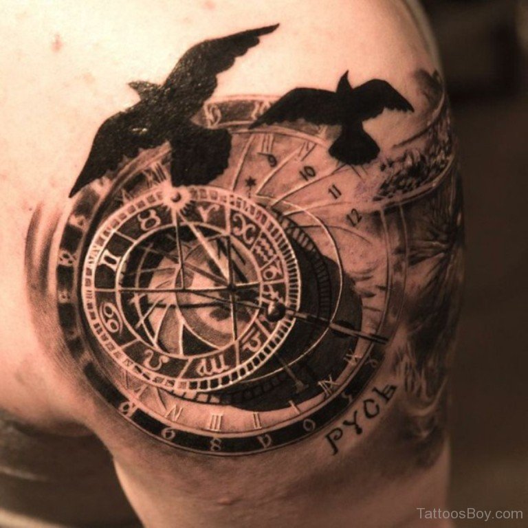Birds And Clock Tattoo On Shoulder