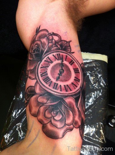 Black And Grey Clock Tattoo On Bicep-TB12025