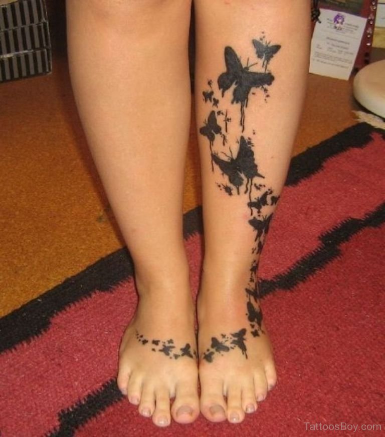 Black Butterfly Tattoo On Leg