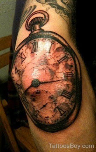 Black Ink Pocket Watch Tattoo On Elbow-TB111