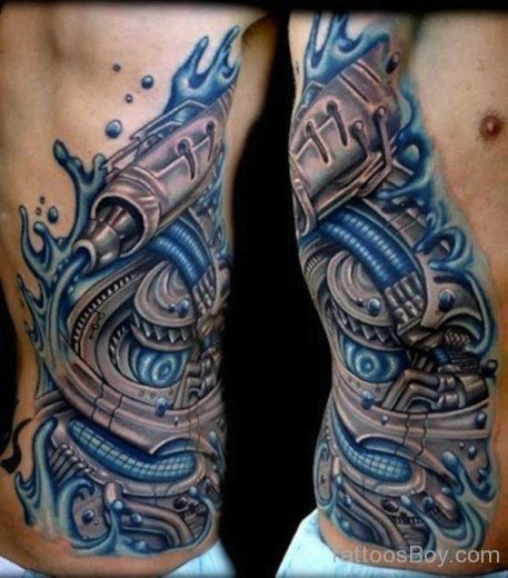 Blue Biomechanical Tattoo On Rib-Tb1253