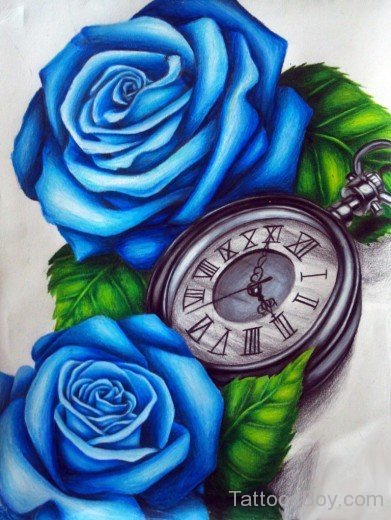 Blue Rose And Clock Tattoo Design-TB12030
