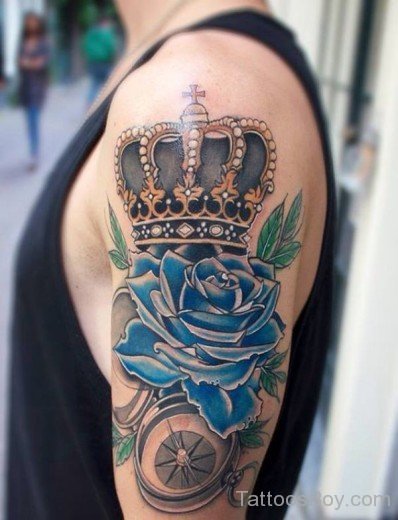 Blue Rose And Crown Tattoo on Shoulder--TB116