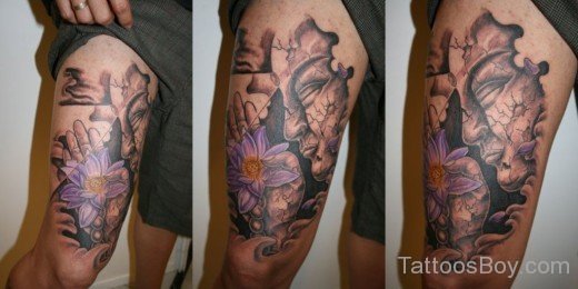 Buddha And Flower Tattoo On Thigh-TB1021