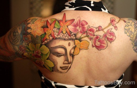 Buddha Face And Flower Tattoo On Back-TB1023