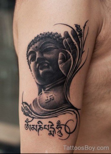 Buddha Face Tattoo On Bicep-TB1025