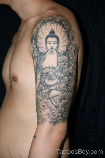 Buddhist And Lotus Flower Tattoo On Half Sleeve-TB1049
