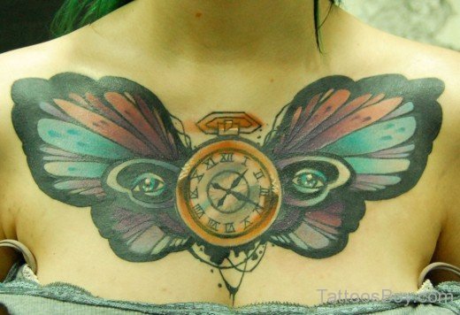 Butterfly And Clock Tattoo On Chest-TB12036