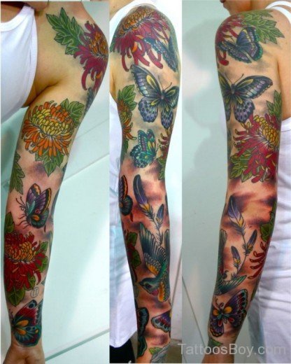Butterfly And Flower Tattoo On Full Sleeve-TB1029