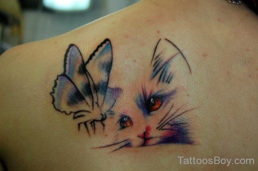 Cat And Butterfly Tattoo On Back