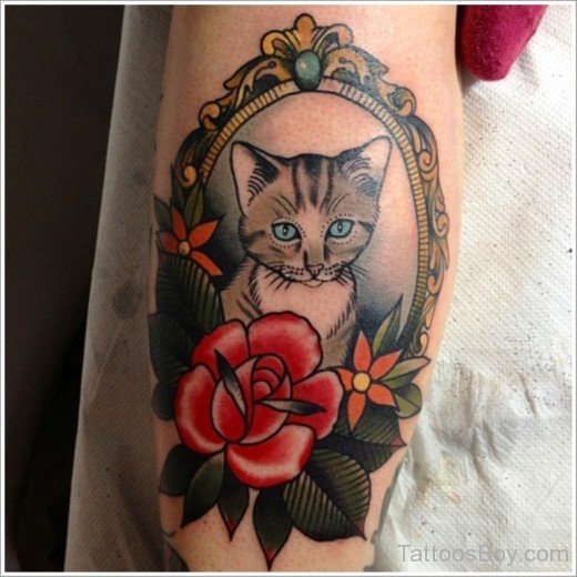 Cat And Flower Tattoo On Shoulder