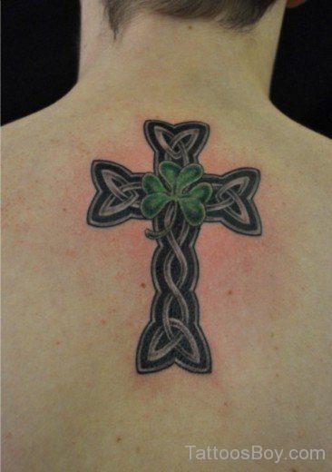 Celtic Cross And Clover Tattoo On Back-TB12052